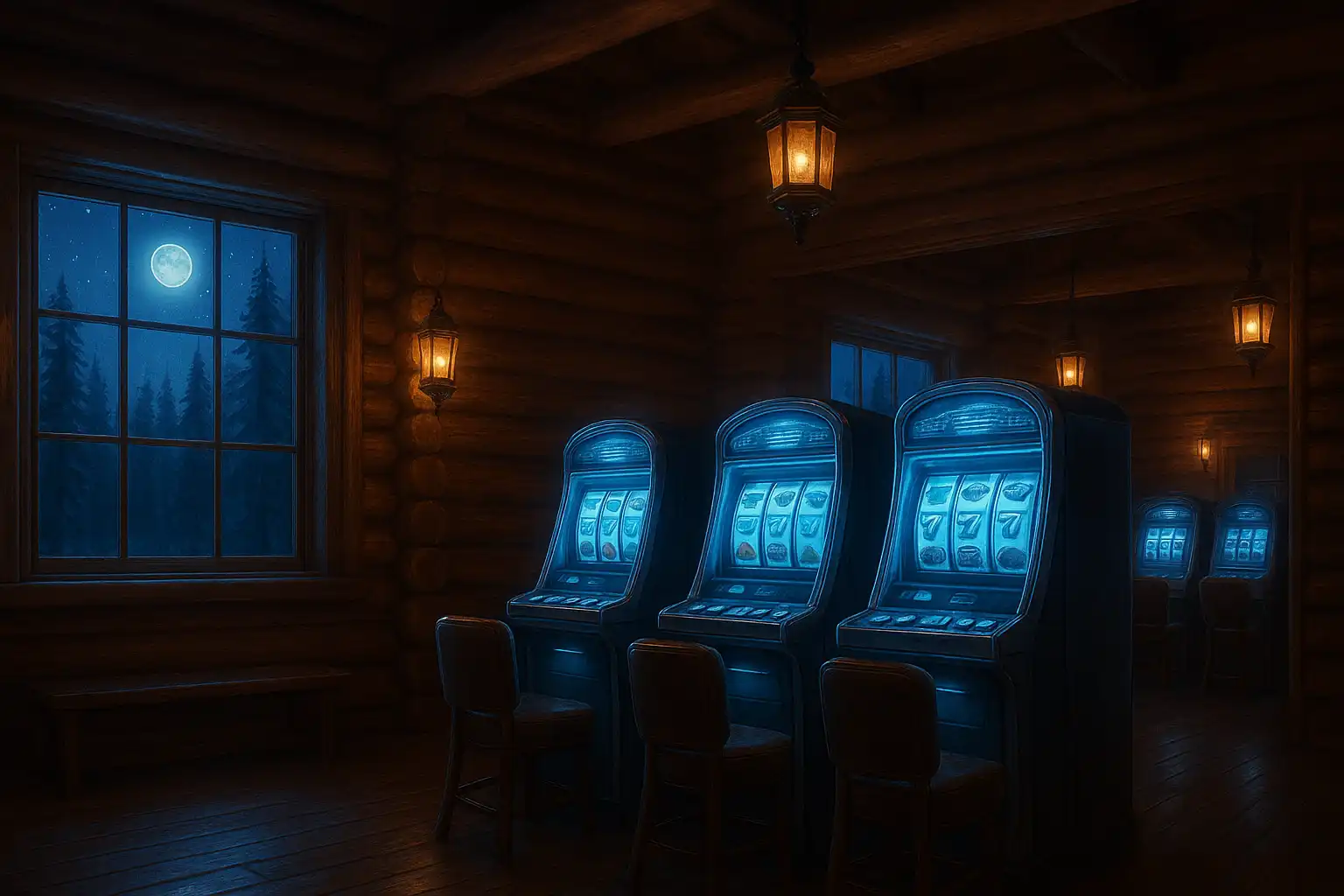 Wooden lodge casino interior with glowing slot machines and a pine forest view at LunaLoots
