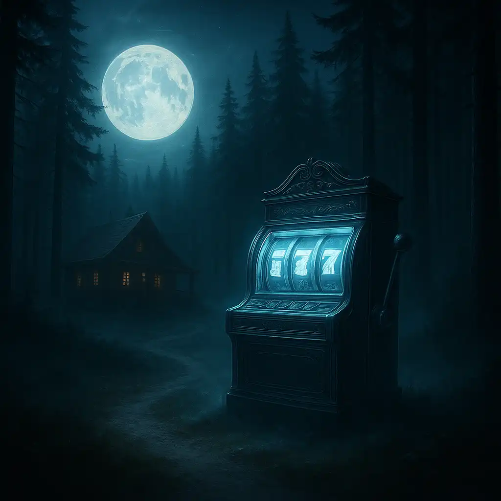 Glowing slot machine in a moonlit pine forest at LunaLoots