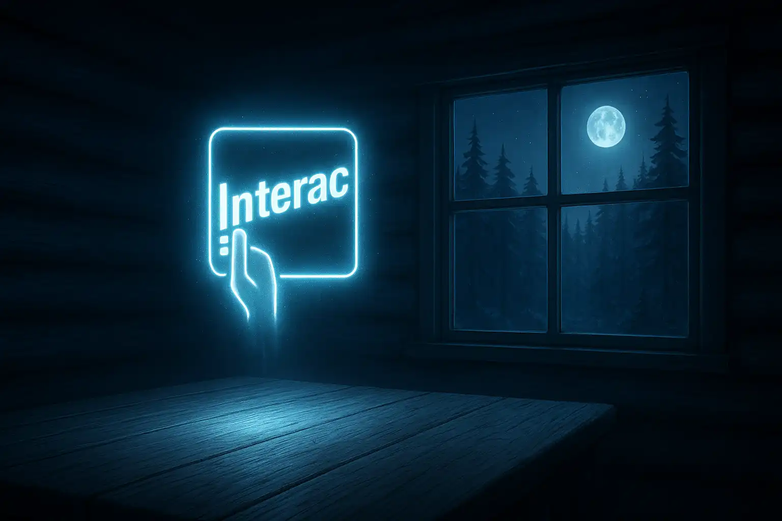 Glowing Interac transfer symbol above a wooden lodge table with a moonlit pine forest view
