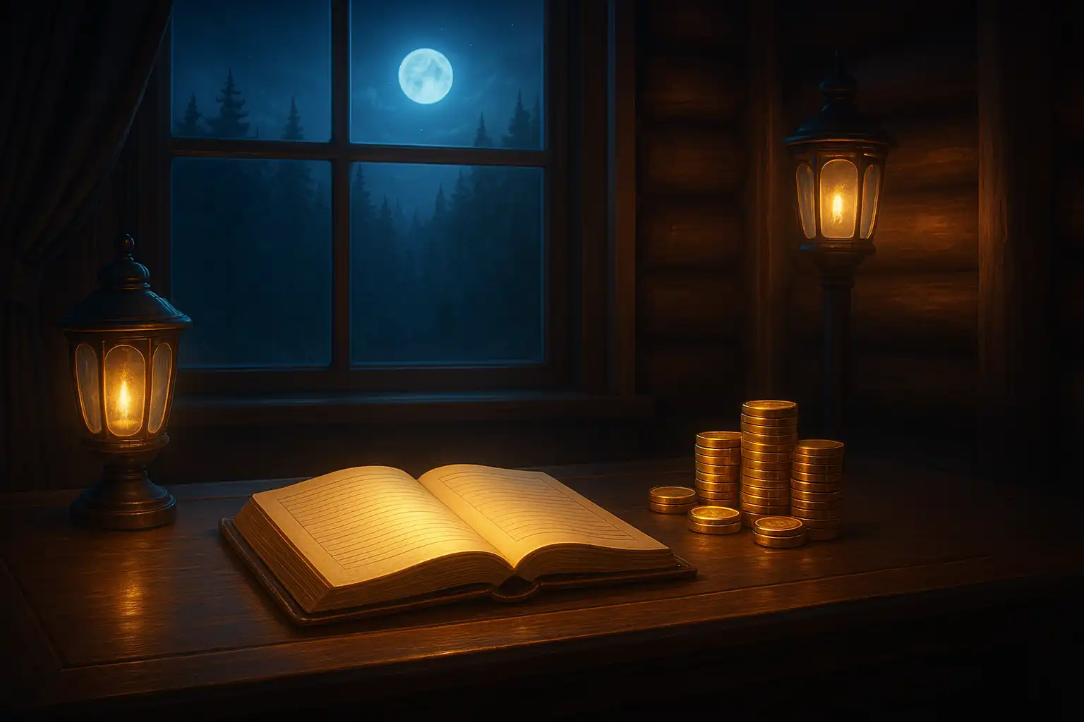 Casino review desk with a glowing ledger and gold coins beside a moonlit pine forest window